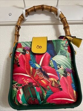 Tropical Floral Shoulder Bag with Bamboo Handle in Yellow and Green